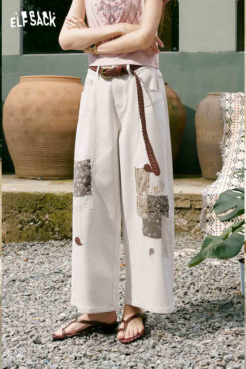 ELFSACK Lace Patch High Waist Barrel Jeans