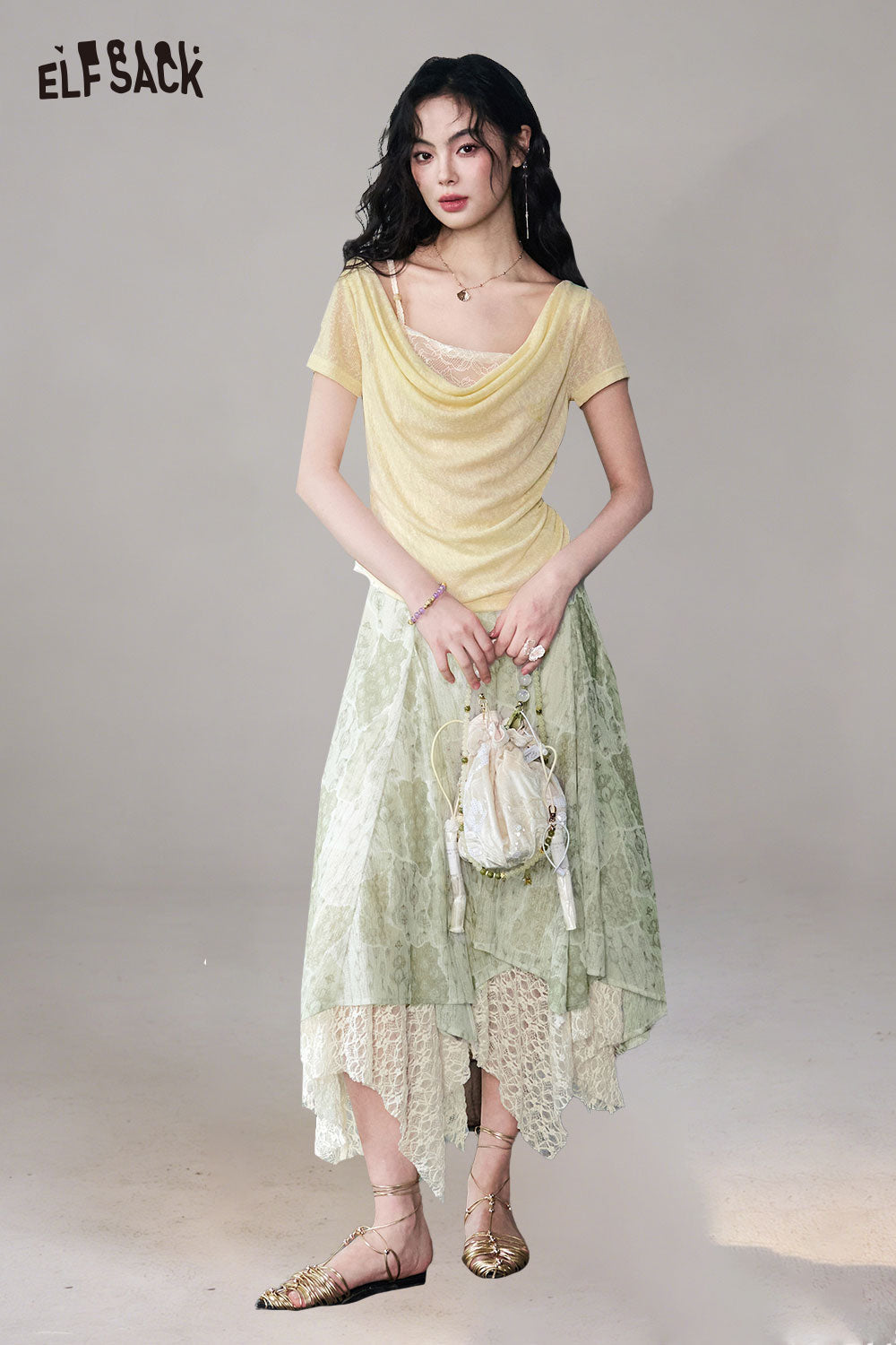 ELFSACK Lace Patchwork Asymmetrical Midi Skirt