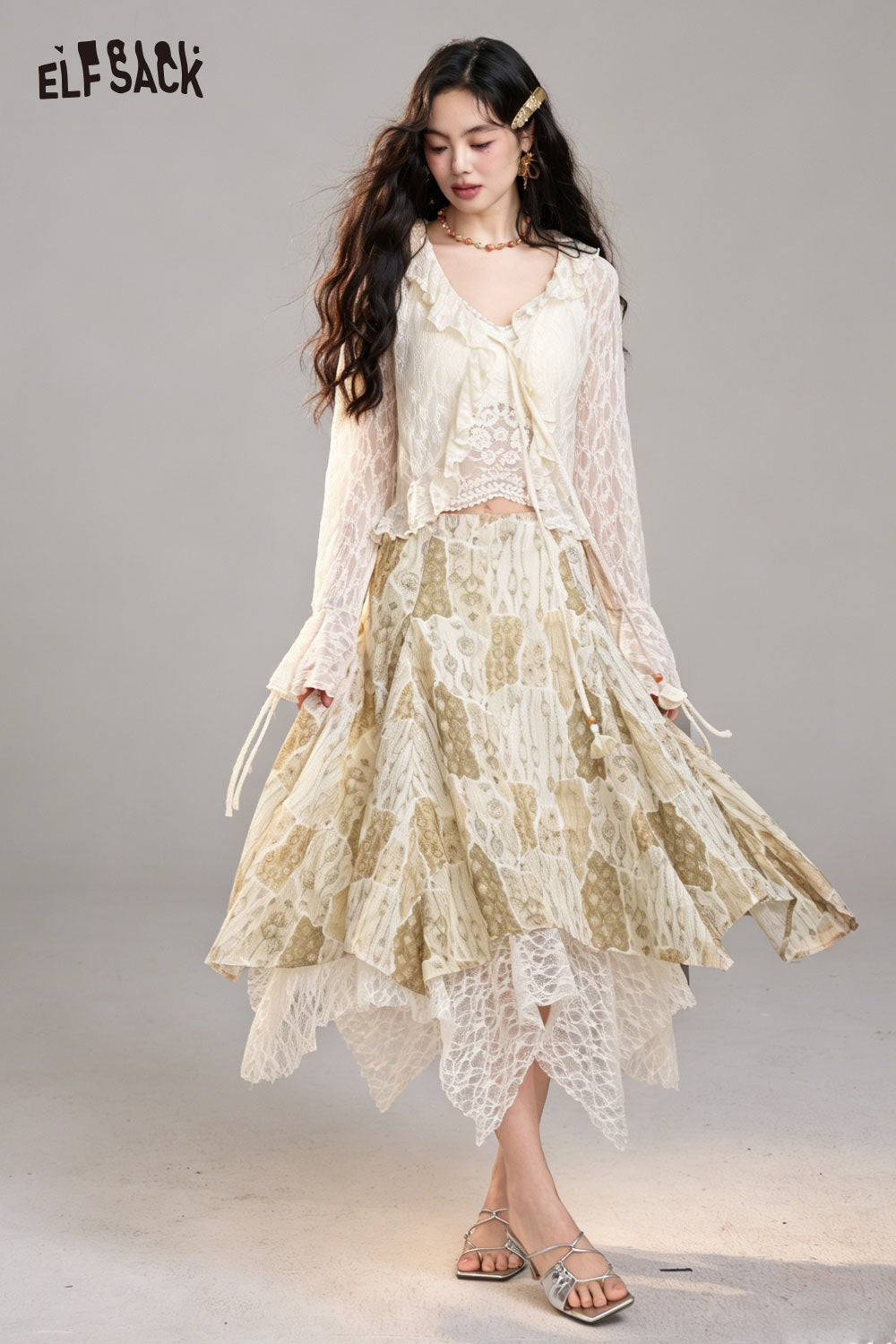 ELFSACK Lace Patchwork Asymmetrical Midi Skirt
