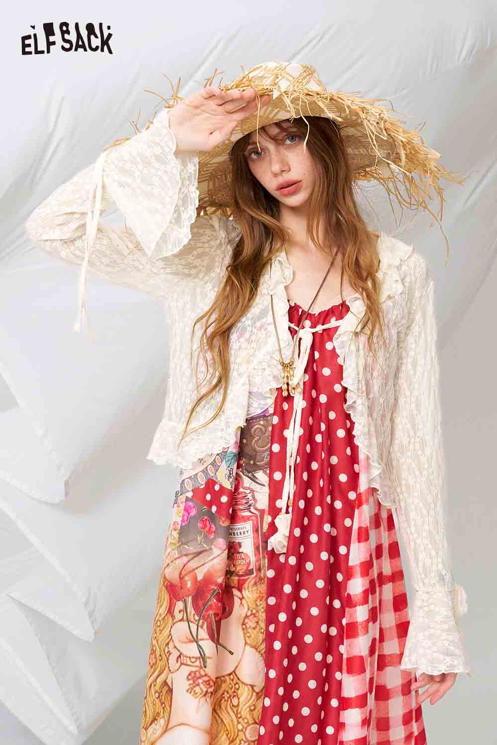 ELFSACK Lace Ruffle Tie Front Cropped Cardigan