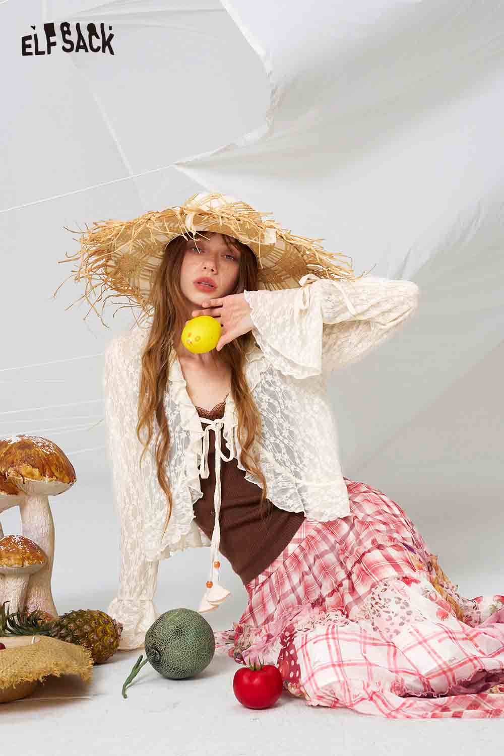 ELFSACK Lace Ruffle Tie Front Cropped Cardigan