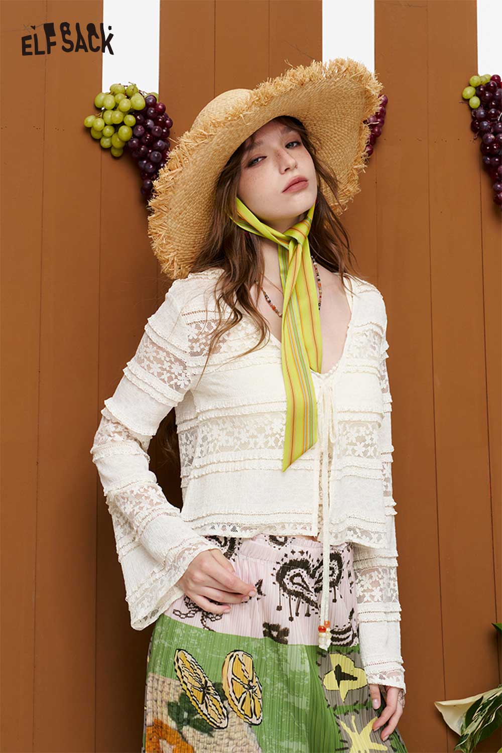 ELFSACK Lace Tiered Bell Sleeve Cropped Cardigan