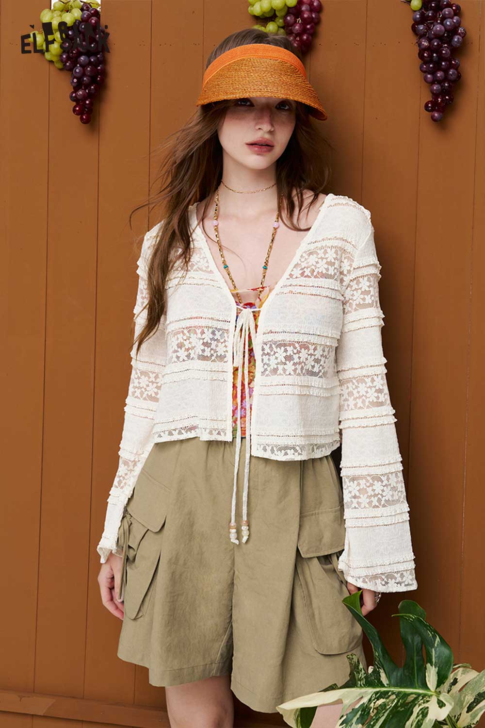 ELFSACK Lace Tiered Bell Sleeve Cropped Cardigan