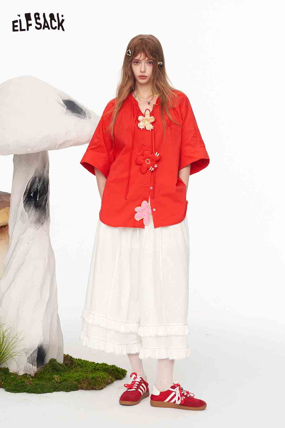 ELFSACK Lace Tiered Elastic Drawstring Linen Pant