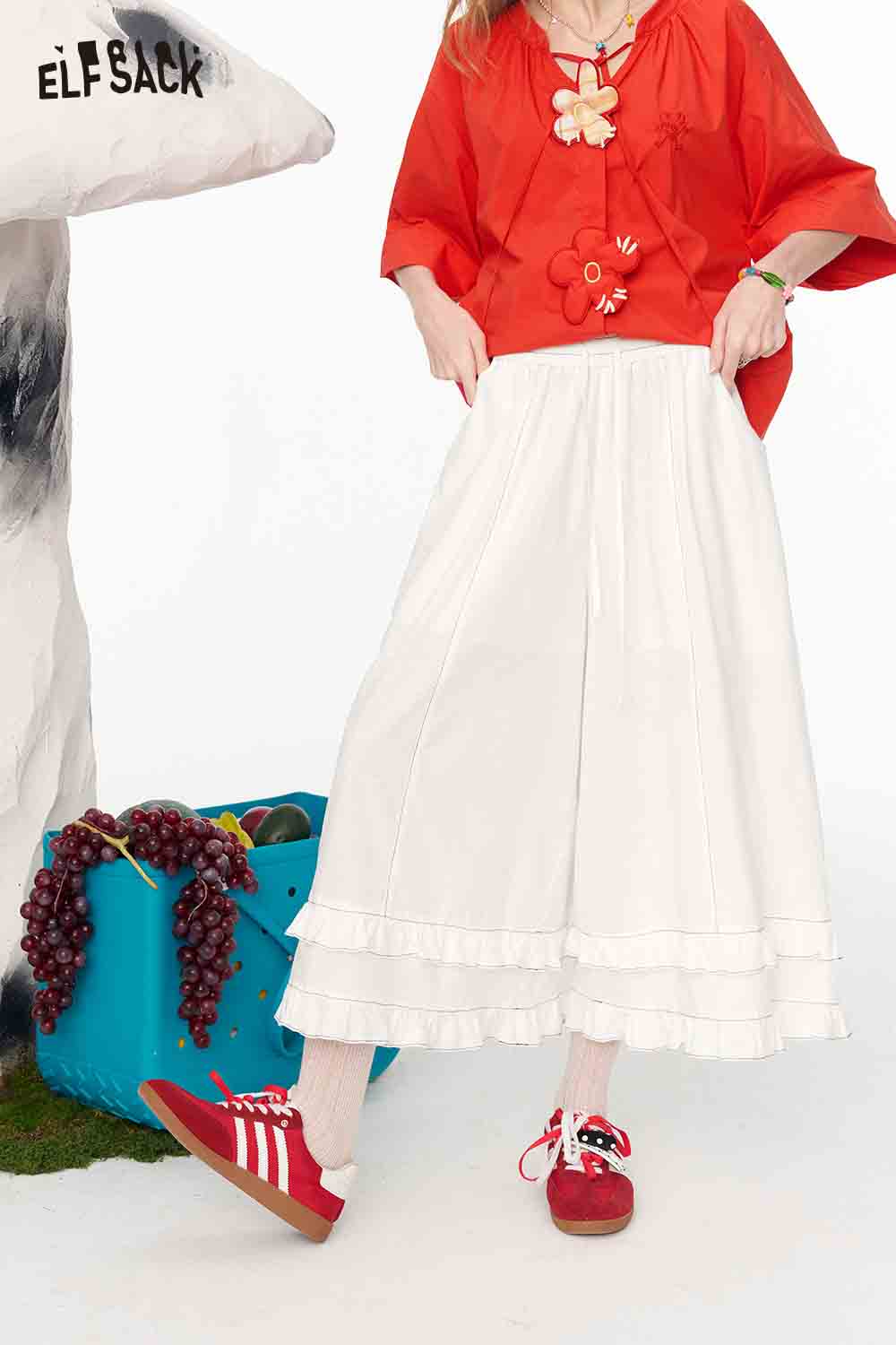 ELFSACK Lace Tiered Elastic Drawstring Linen Pant