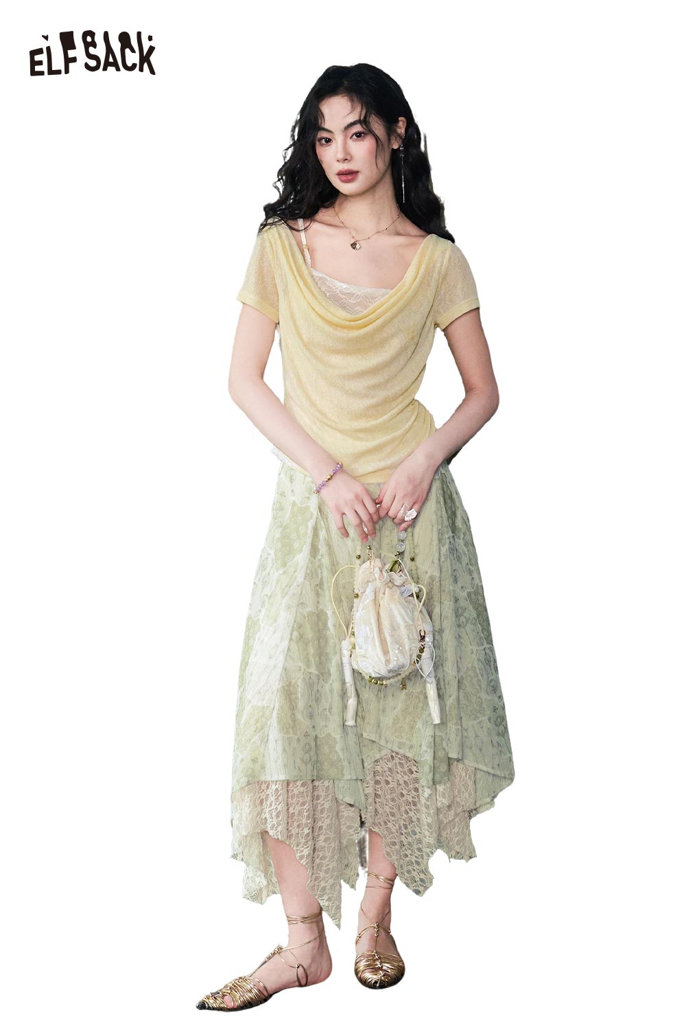 ELFSACK Lace Trim Cowl Neck Beaded Top