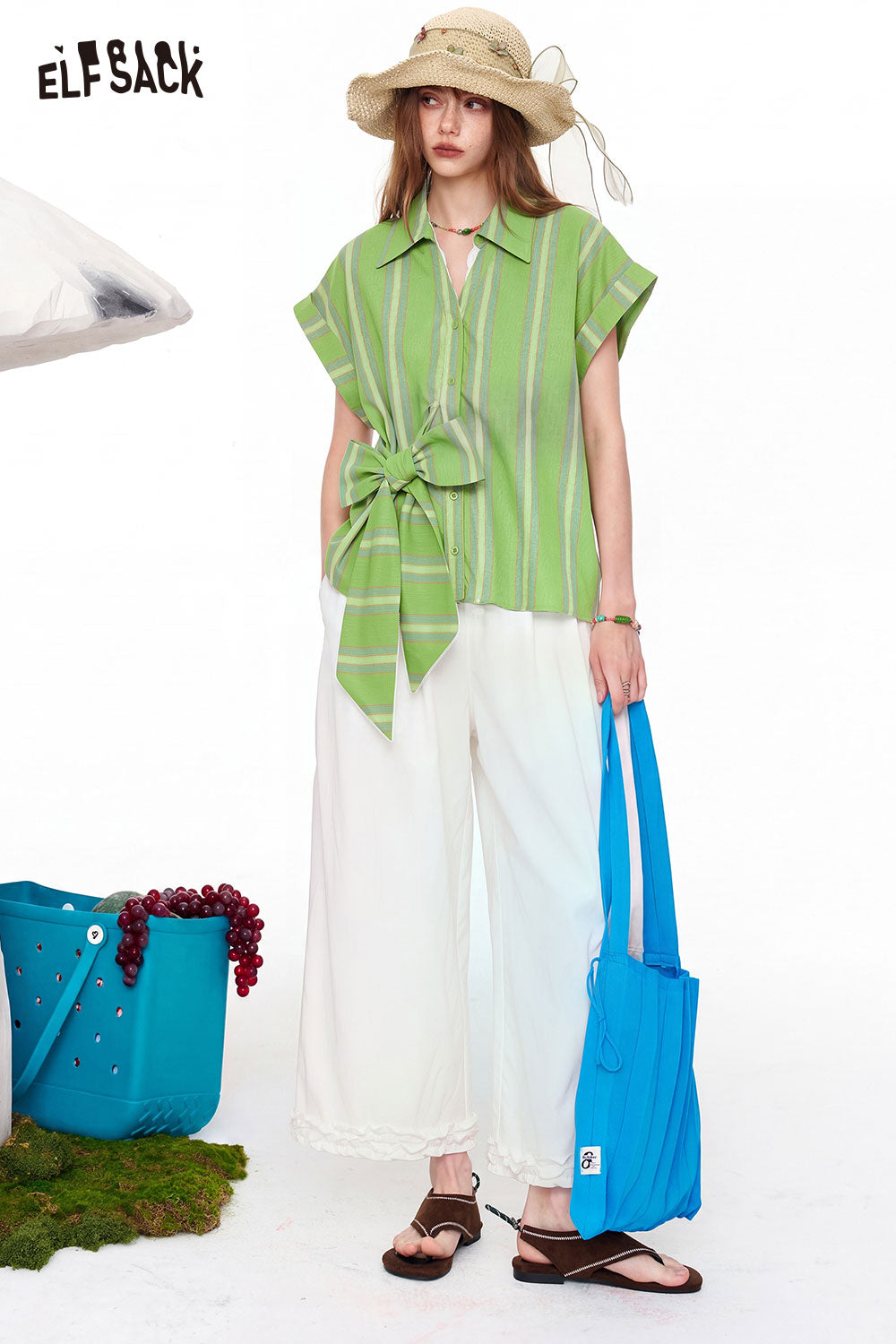 ELFSACK Lace Trim Hem High Waist Wide Leg Pants