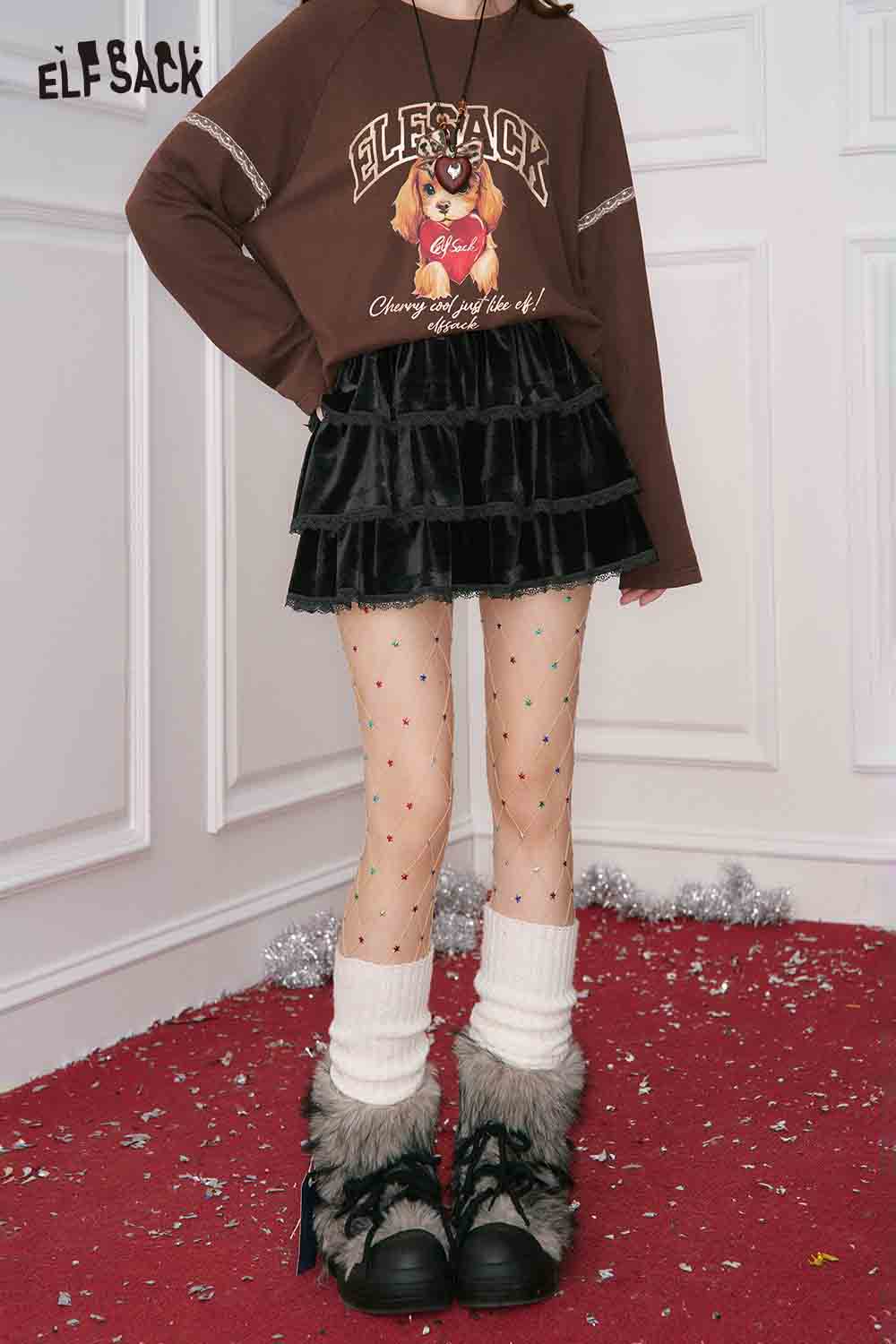ELFSACK Sweet Sexy Lace Trim Suede Pleated Mini Skirt