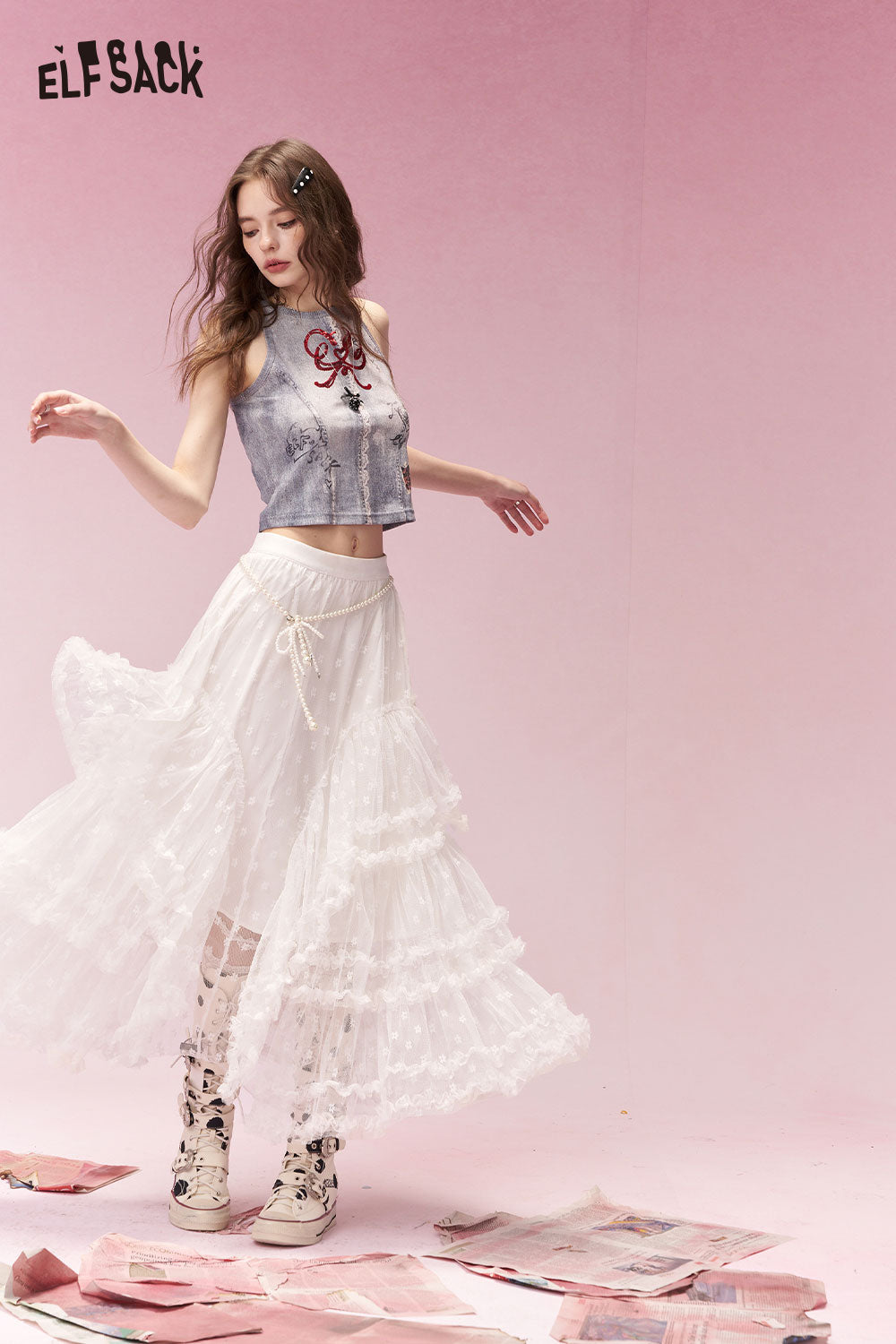 ELFSACK Sweet Lace Trim Tiered Midi Skirt