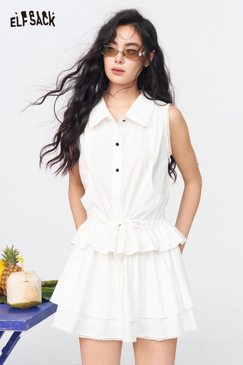 ELFSACK Lace Trim White 2 Piece Co-ord Set
