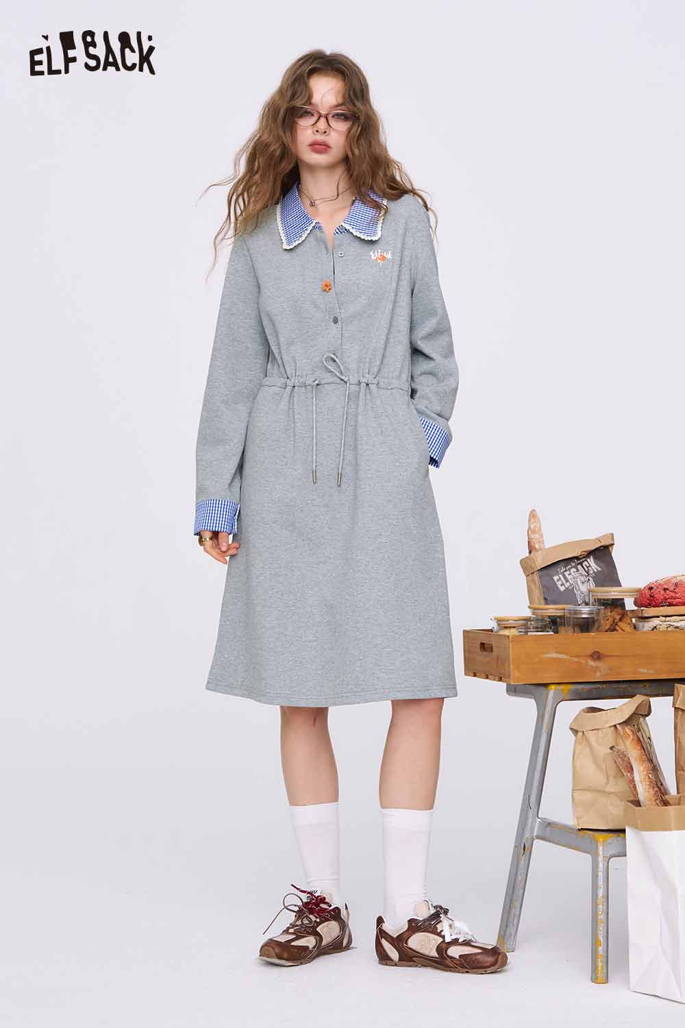 ELFSACK Gray Miu-Style Cinched-Waist Dress with a Lace-Trimmed Doll Collar