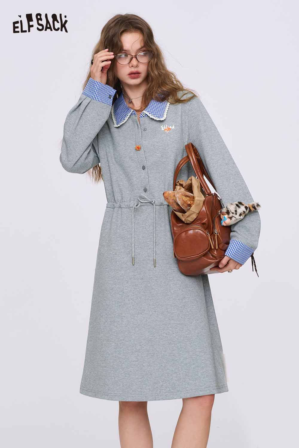 ELFSACK Gray Miu-Style Cinched-Waist Dress with a Lace-Trimmed Doll Collar