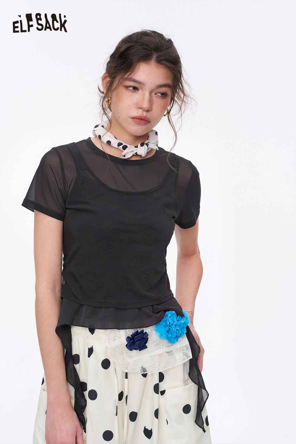 ELFSACK Layered Floral Mesh Irregular Hem Tee
