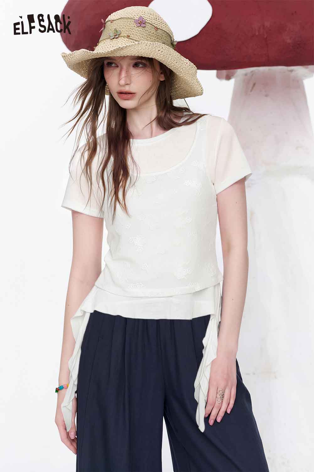 ELFSACK Layered Floral Mesh Irregular Hem Tee