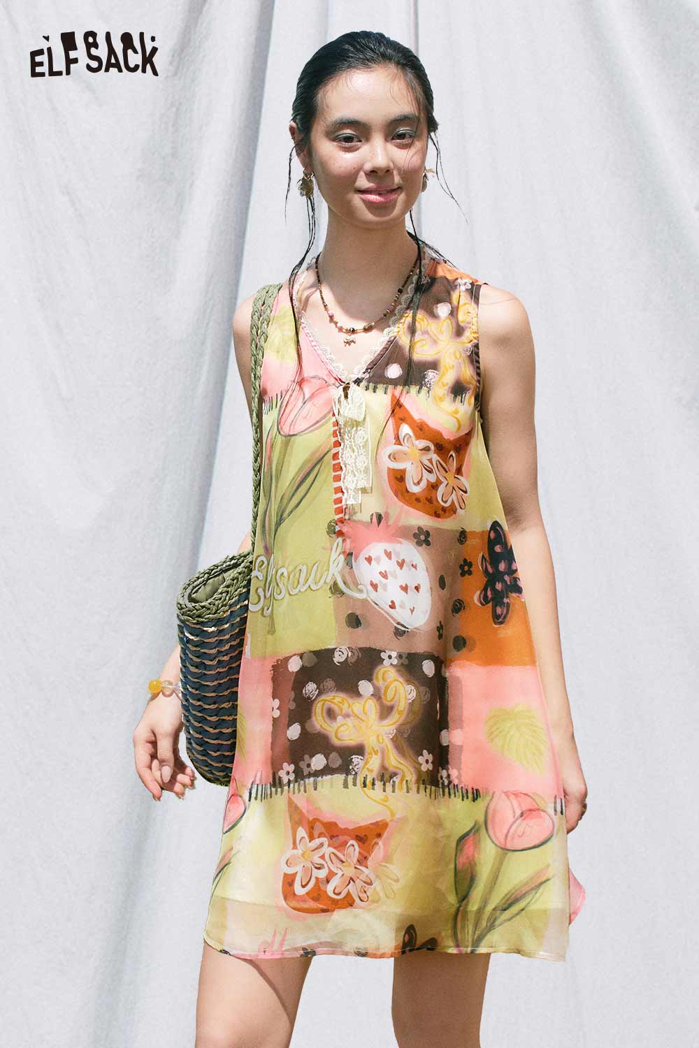 ELFSACK Layered Patchwork Print Mini Dress