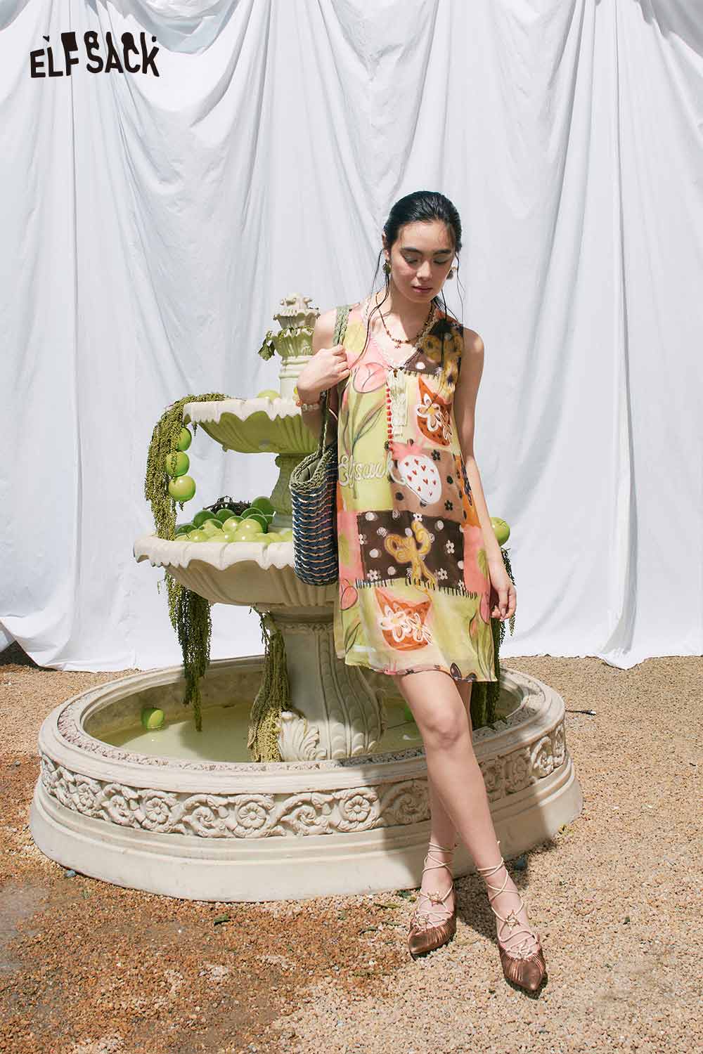 ELFSACK Layered Patchwork Print Mini Dress