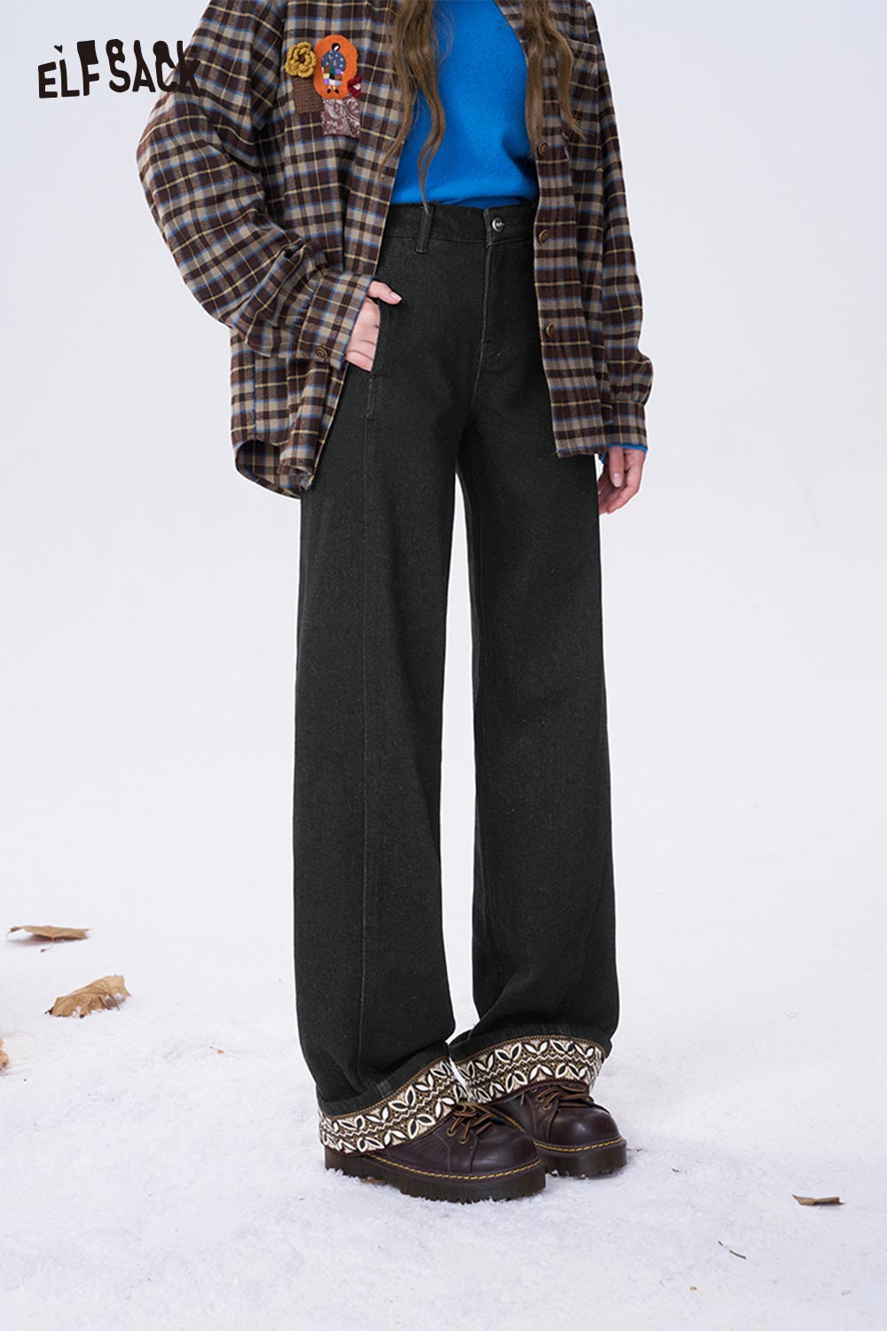 ELFSACK Minimalist Casual Classic Leaf Print Hem Floor Length Jeans