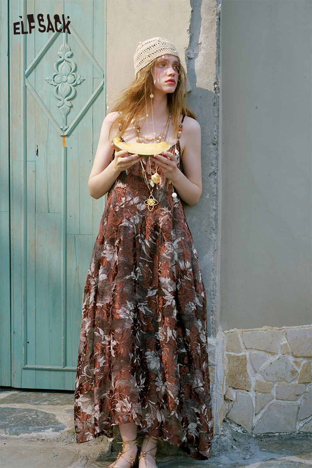 ELFSACK Leaf Print Irregular Midi Cami Dress