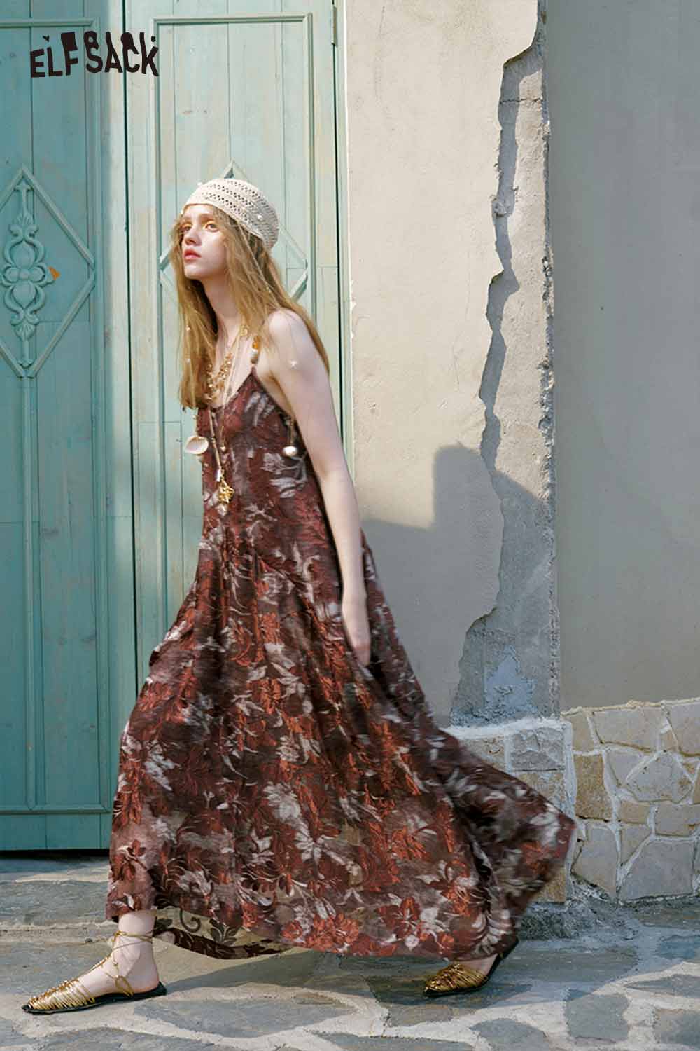 ELFSACK Leaf Print Irregular Midi Cami Dress