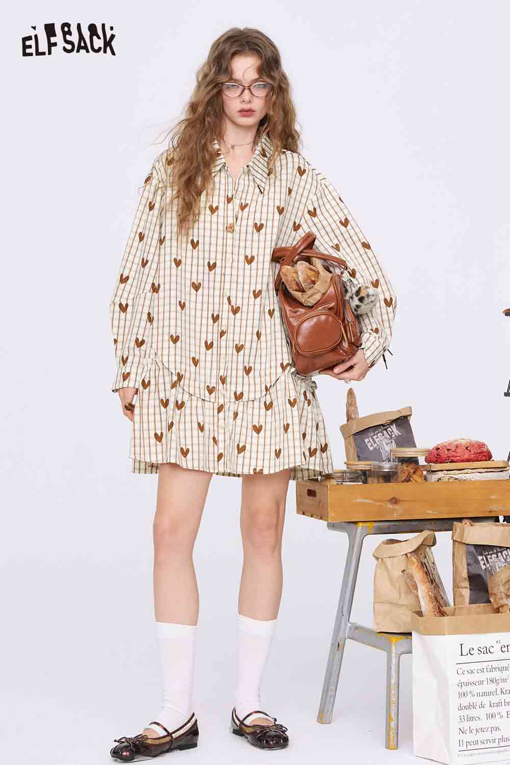 ELFSACK College-Style Heart Plaid Dress with a Peter Pan Collar