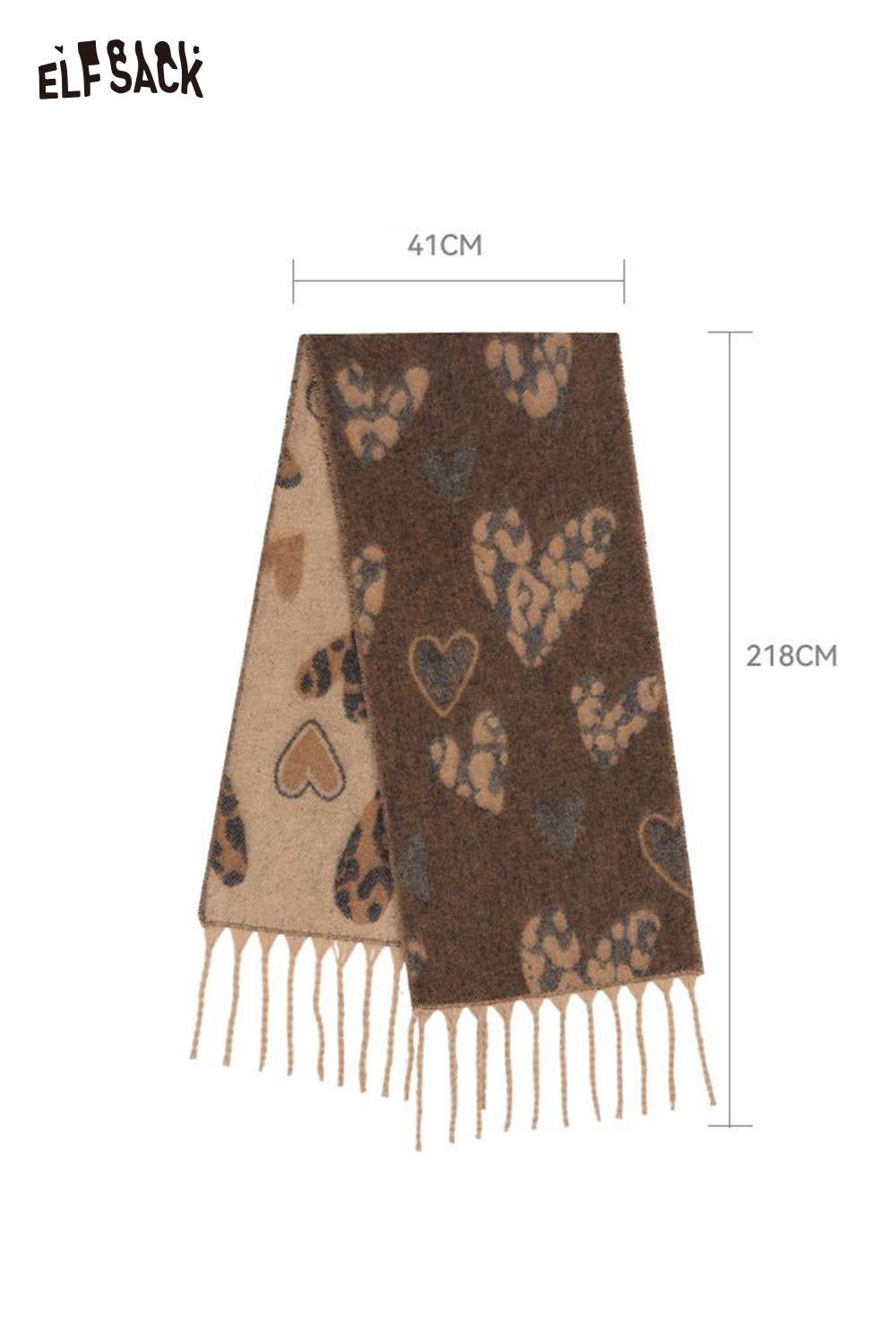 ELFSACK Leopard Heart Graphic Double Sided Fringe Scarf