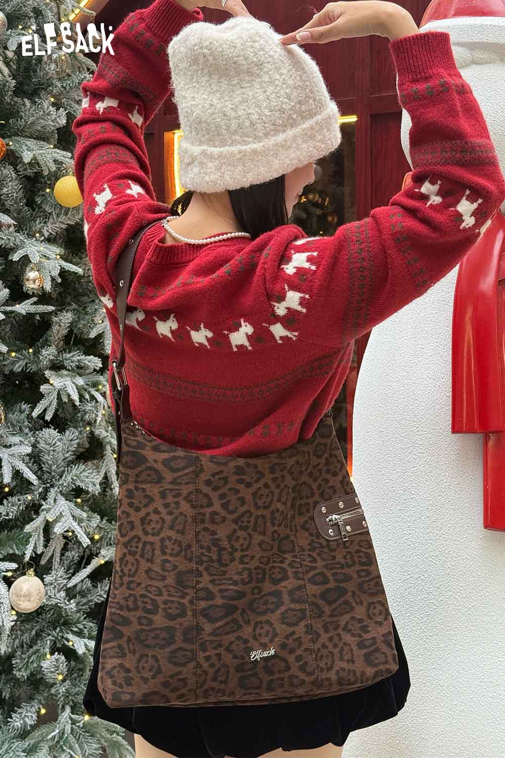 ELFSACK Casual Leopard Large Capacity Suede Crossbody Shoulder Bag