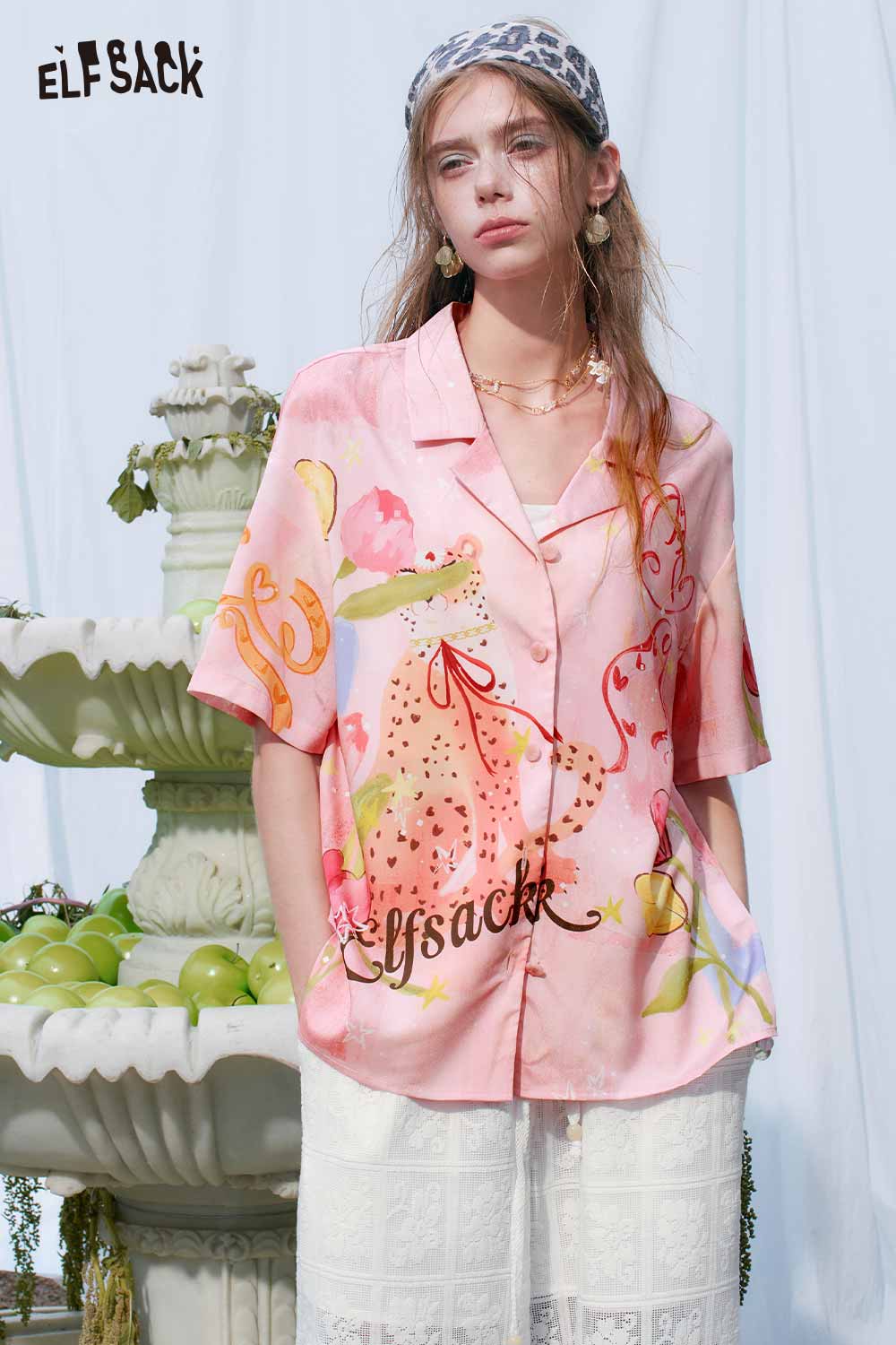 ELFSACK Leopard Tulip Print Satin Camp Collar Shirt