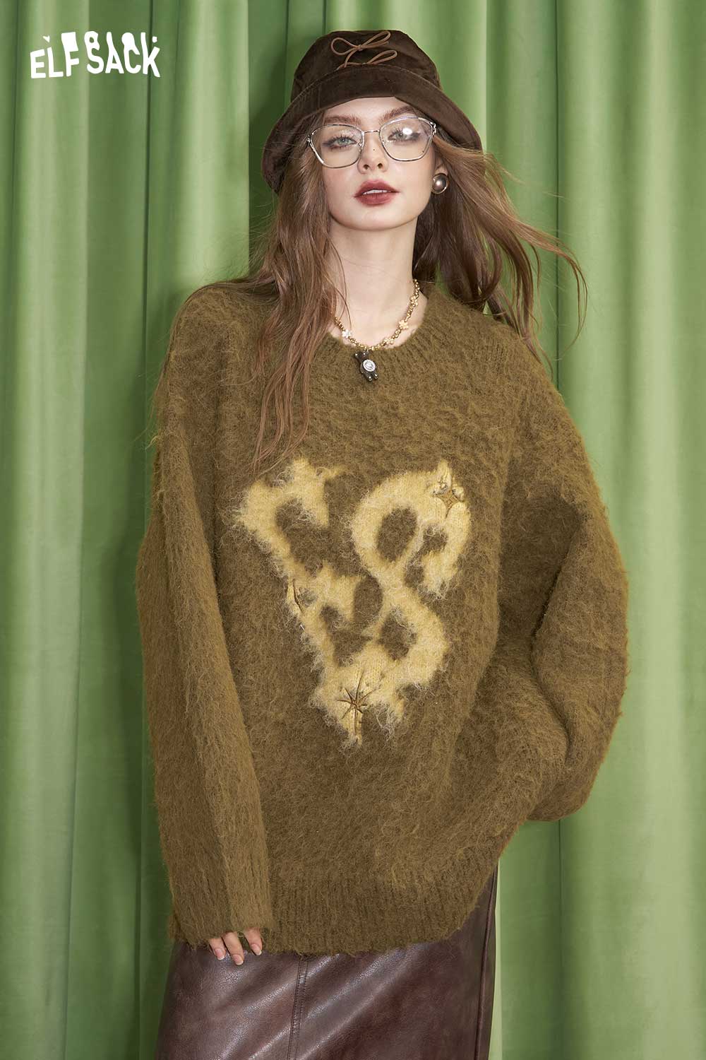 ELFSACK Letter Jacquard Wool Blend Sweater