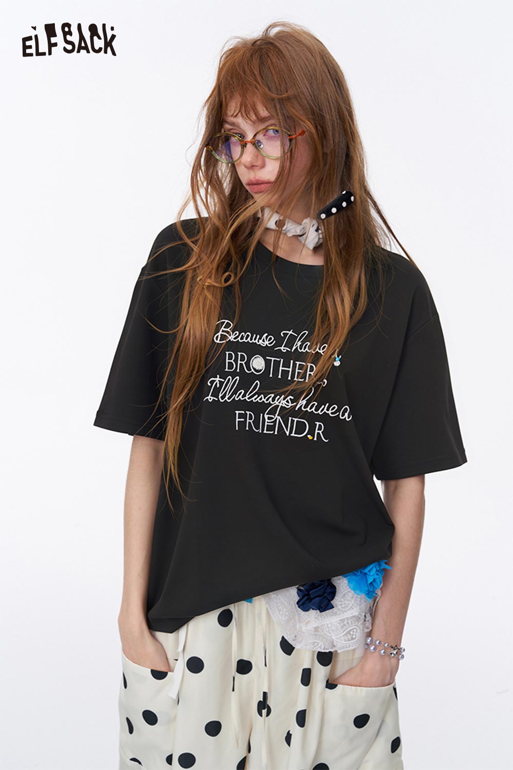 ELFSACK Letter Print Crew Neck Short Sleeve T-Shirt