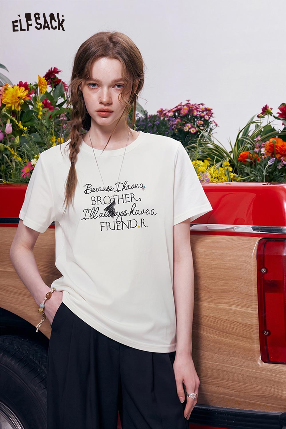 ELFSACK Letter Print Crew Neck Short Sleeve T-Shirt
