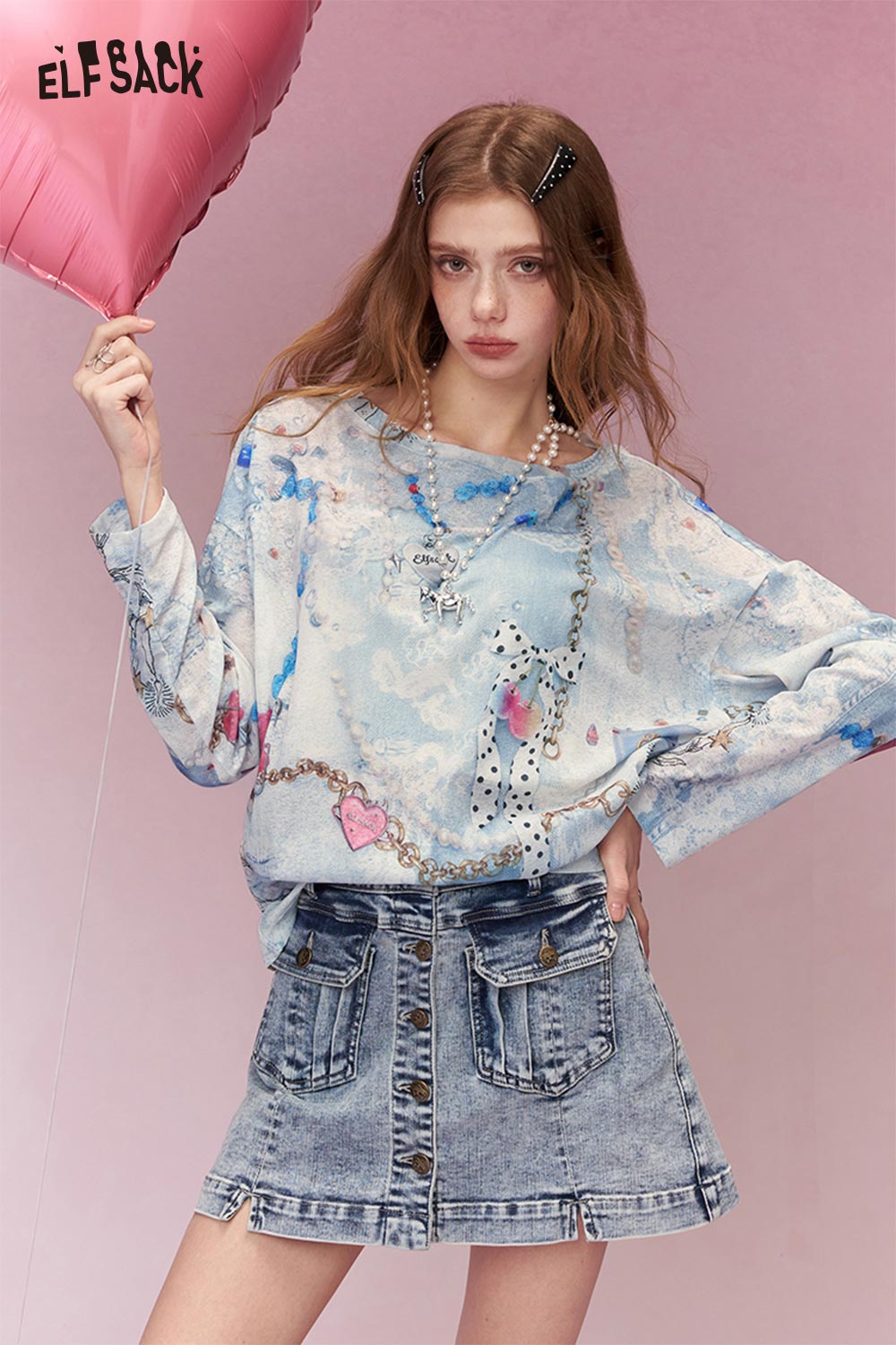 ELFSACK Sweet Chain Heart Print Light Blue Off Shoulder Knit Top