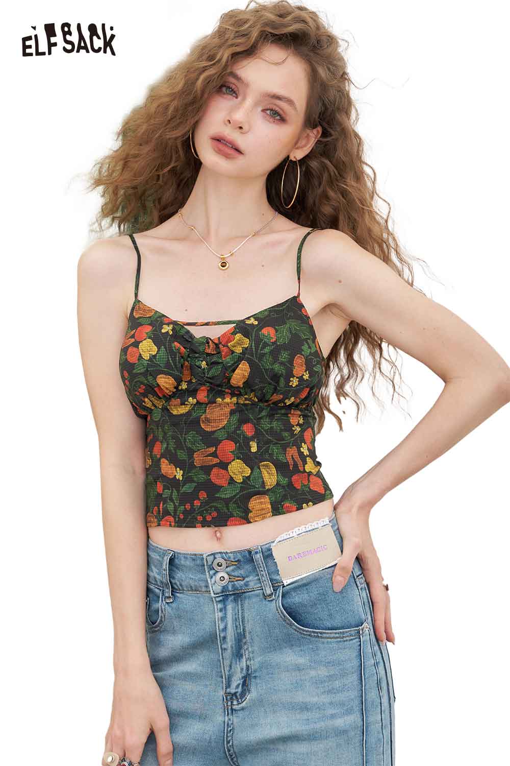 ELFSACK Light Crop Floral Print Sleeveless Camisole