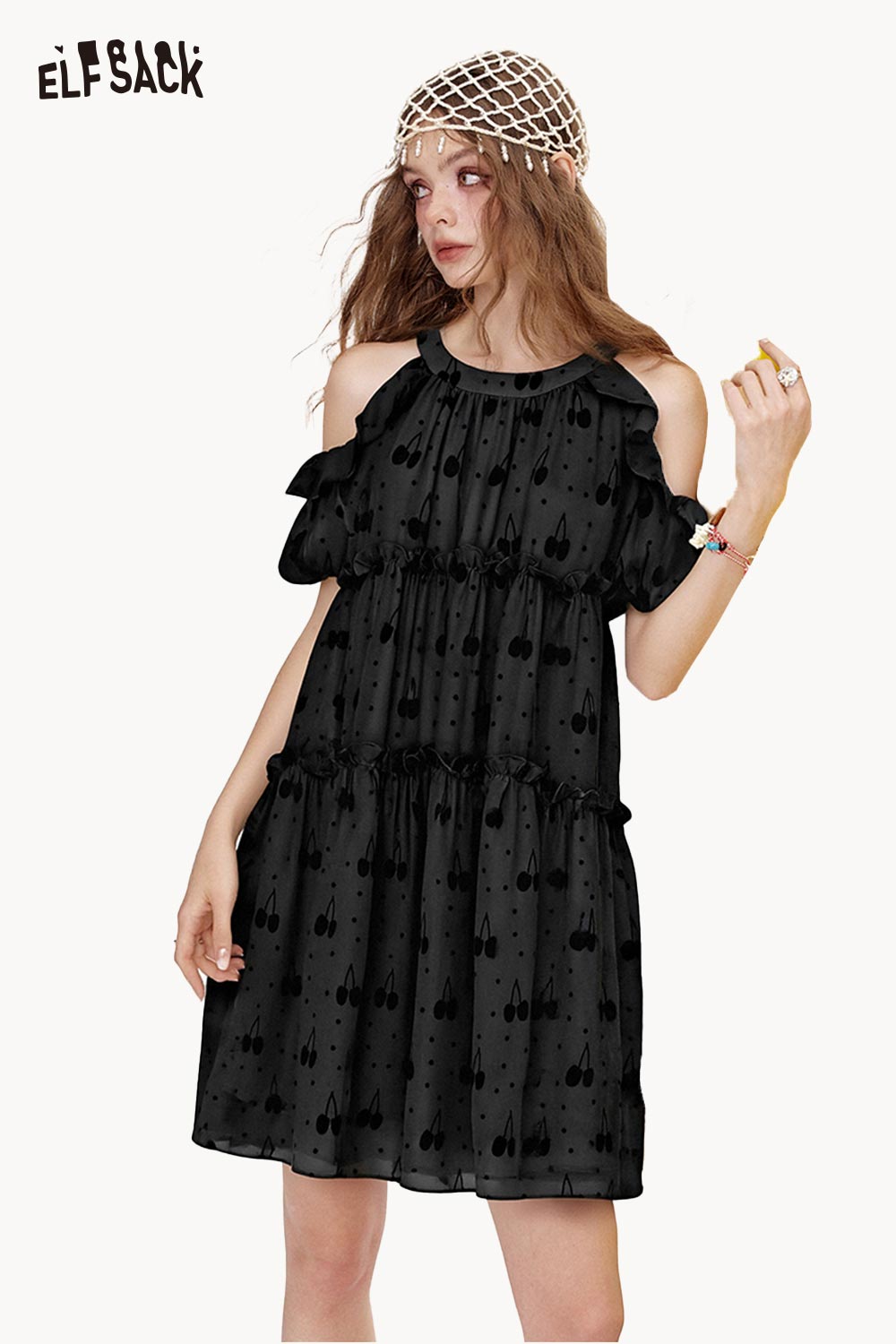 ELFSACK Light Cute Slip Dress Irregular Sleeve Cutout Cherry Graphic Dress