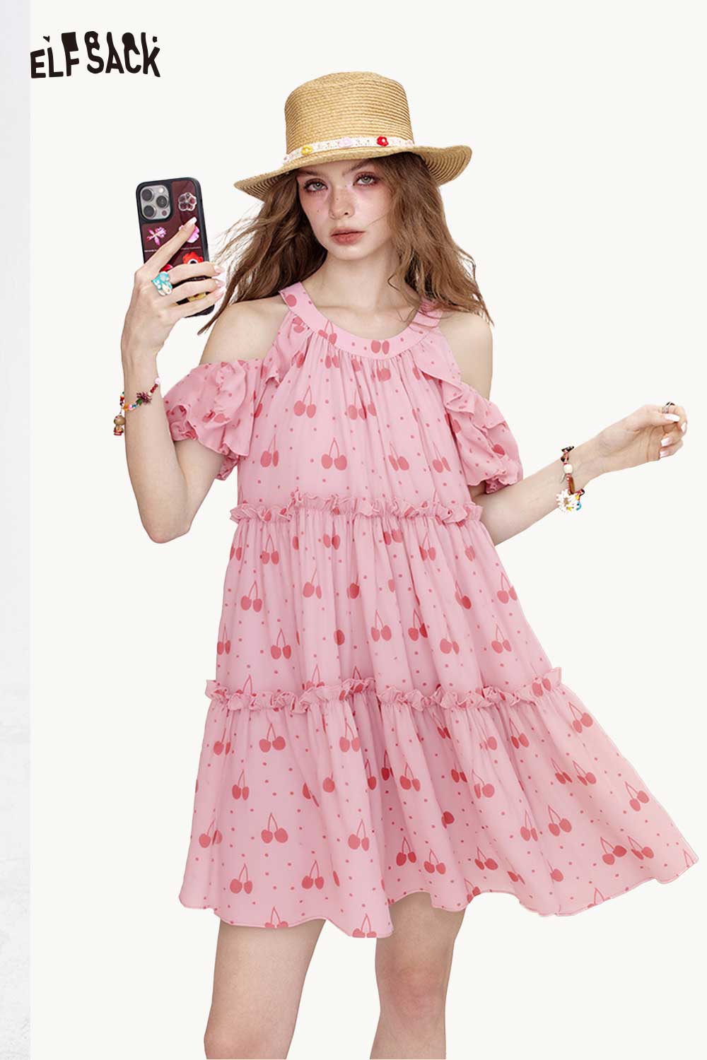 ELFSACK Light Cute Slip Dress Irregular Sleeve Cutout Cherry Graphic Dress