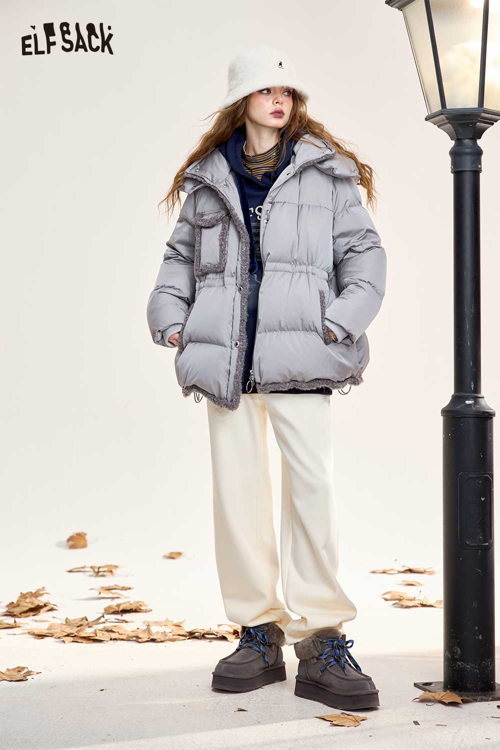 ELFSACK Light Design Loose Raw Edge Patchwork Hooded Down Jacket
