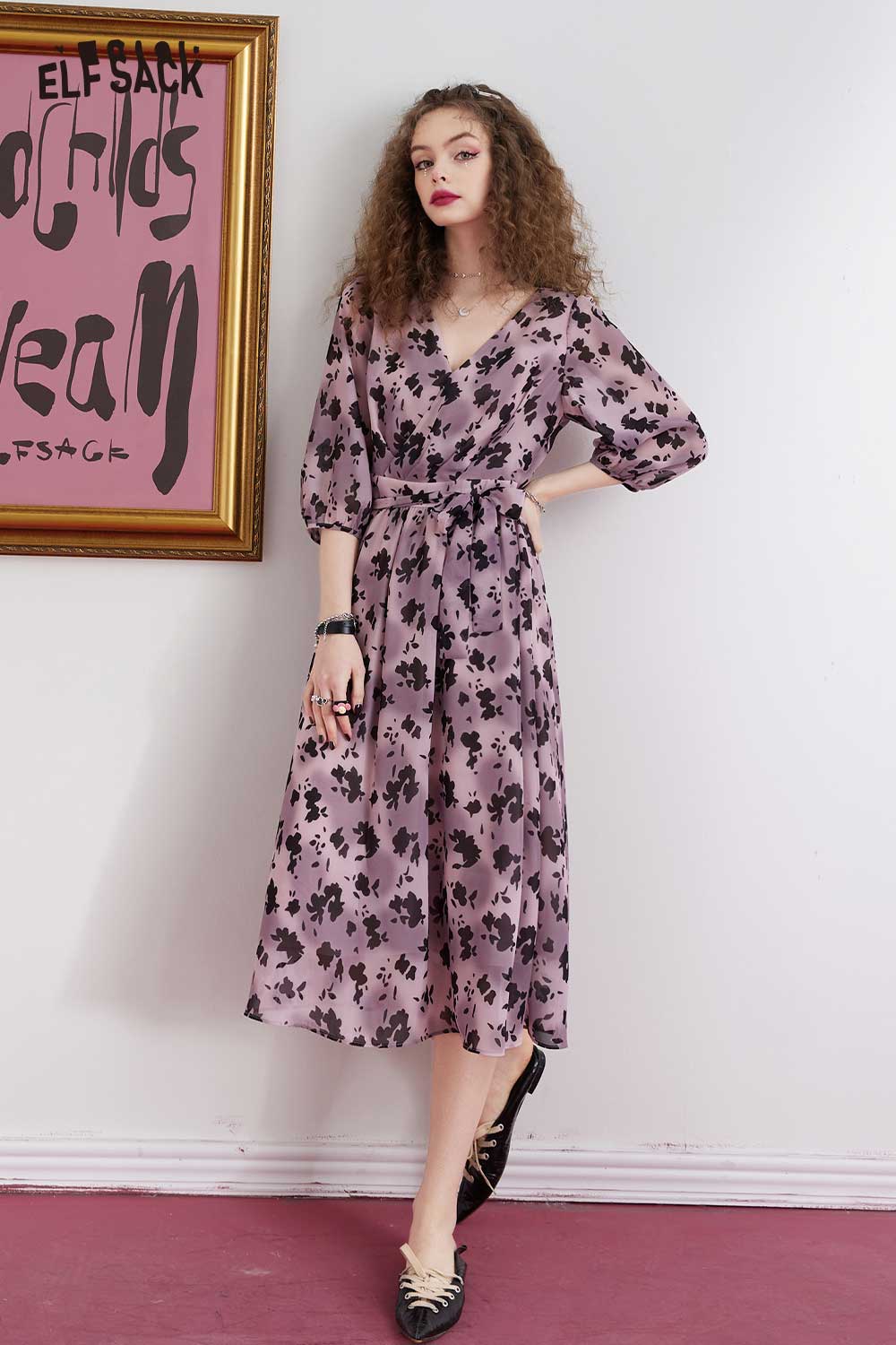 ELFSACK Light Floral V Neck Waist Slimming Long Dress