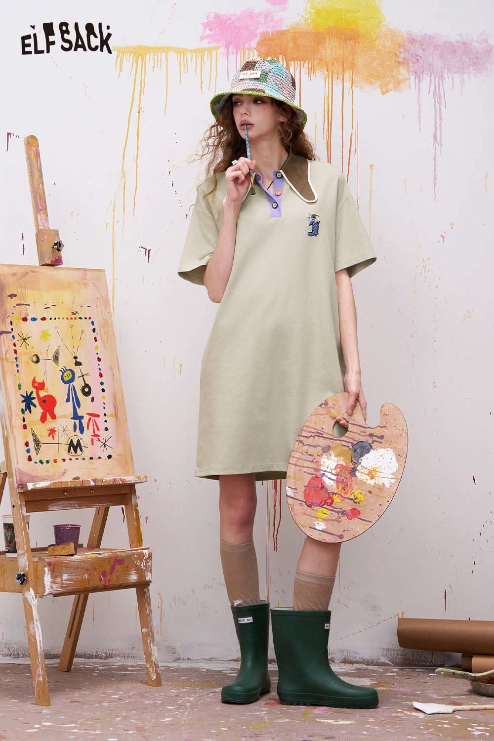 ELFSACK Light Green Midi Dress with Contrast Collar