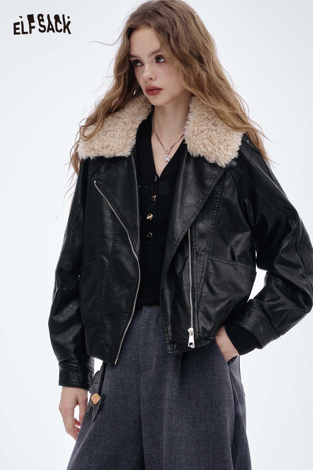 ELFSACK Light Lapel Leather Jacket