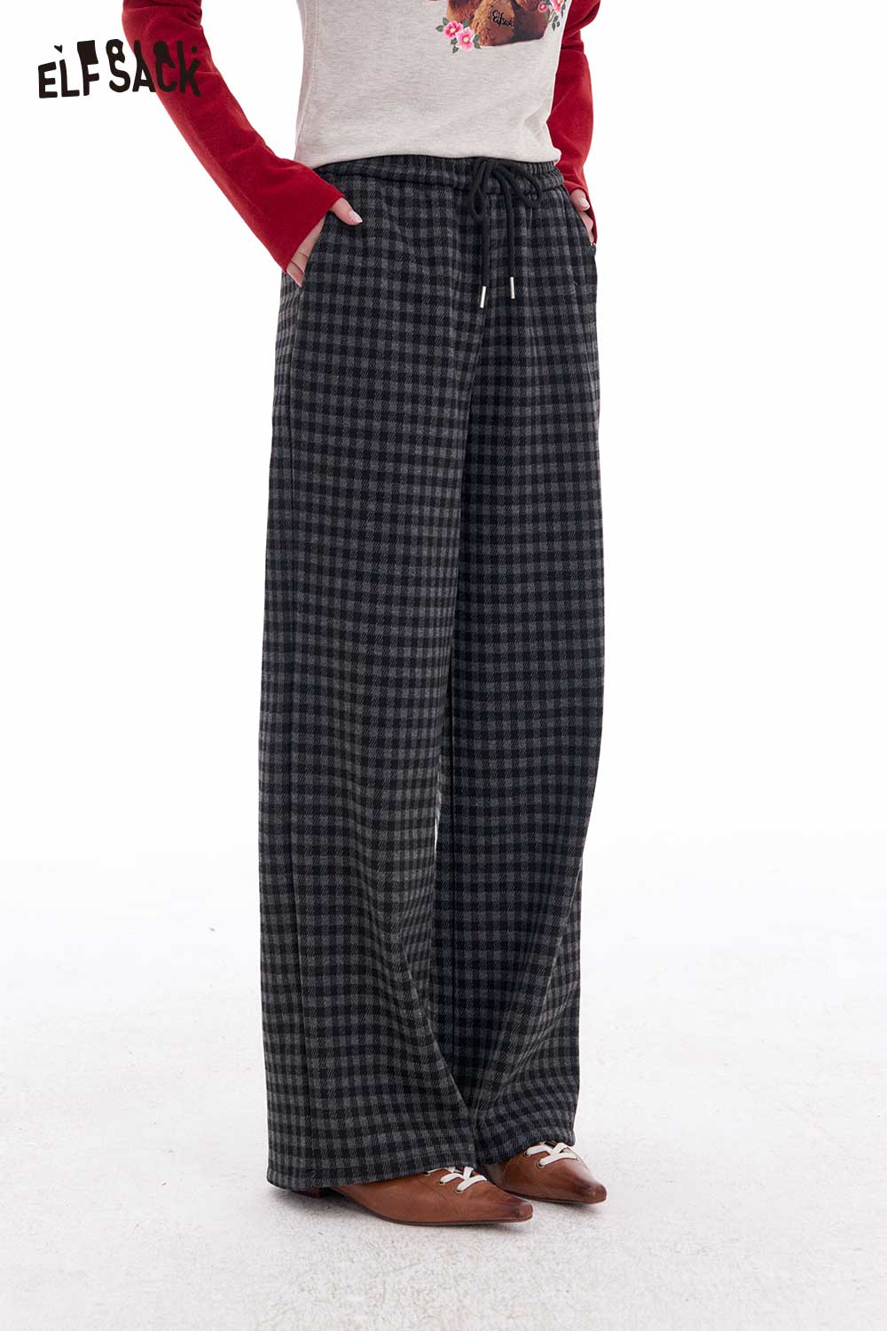 ELFSACK Light Lazy Style Vintage Plaid Fleece Lined Wide Leg Pants