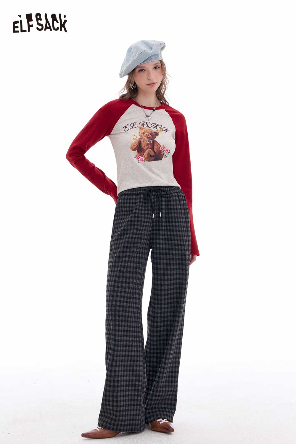 ELFSACK Light Lazy Style Vintage Plaid Fleece Lined Wide Leg Pants