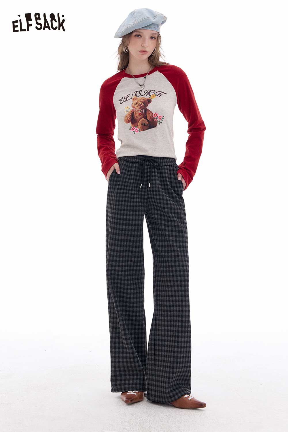 ELFSACK Light Lazy Style Vintage Plaid Fleece Lined Wide Leg Pants