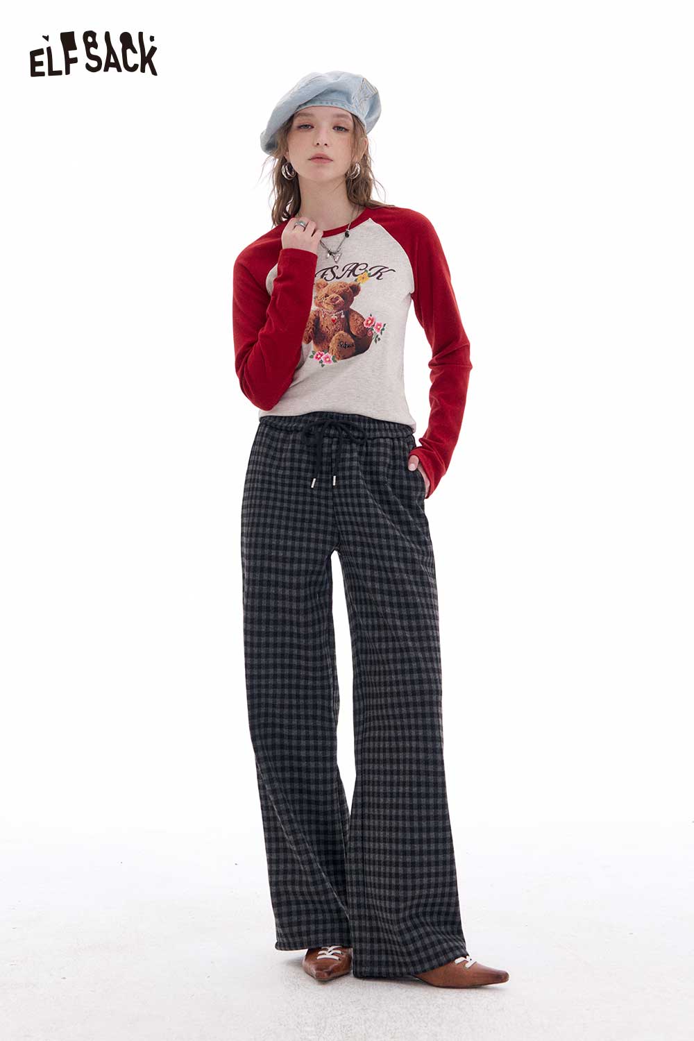 ELFSACK Light Lazy Style Vintage Plaid Fleece Lined Wide Leg Pants
