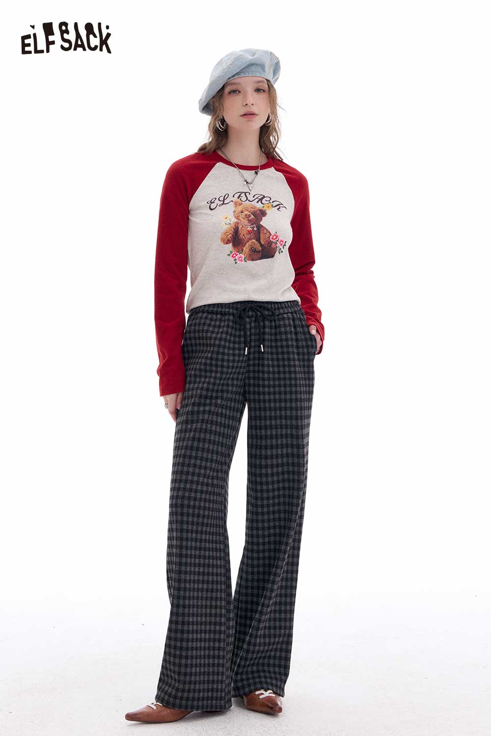 ELFSACK Light Lazy Style Vintage Plaid Fleece Lined Wide Leg Pants