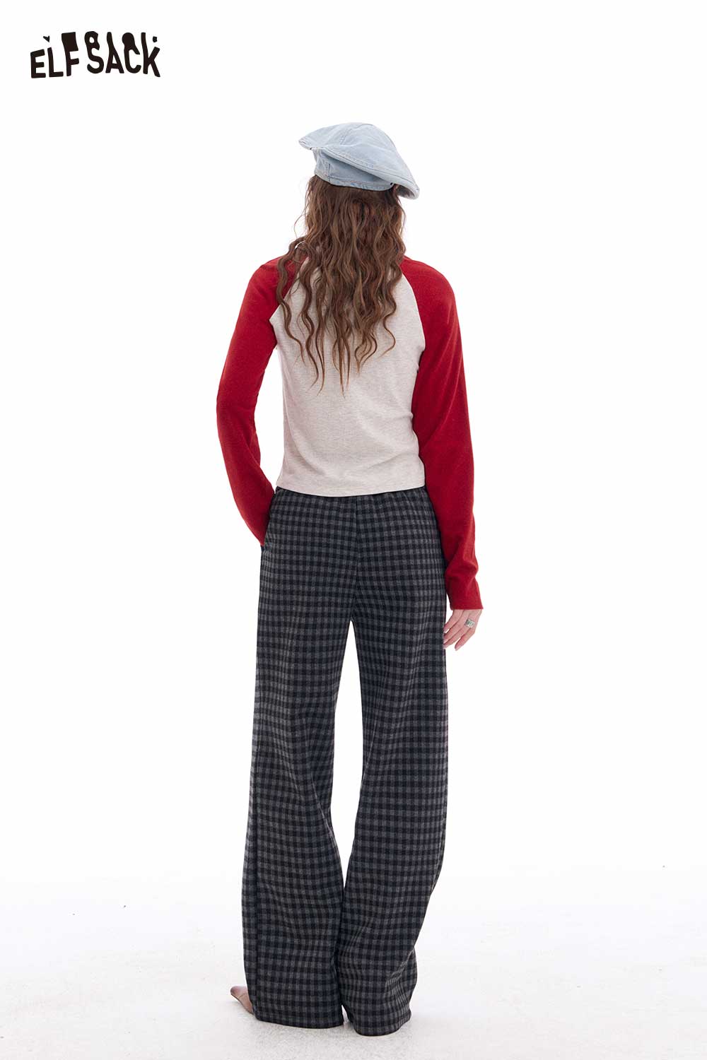 ELFSACK Light Lazy Style Vintage Plaid Fleece Lined Wide Leg Pants
