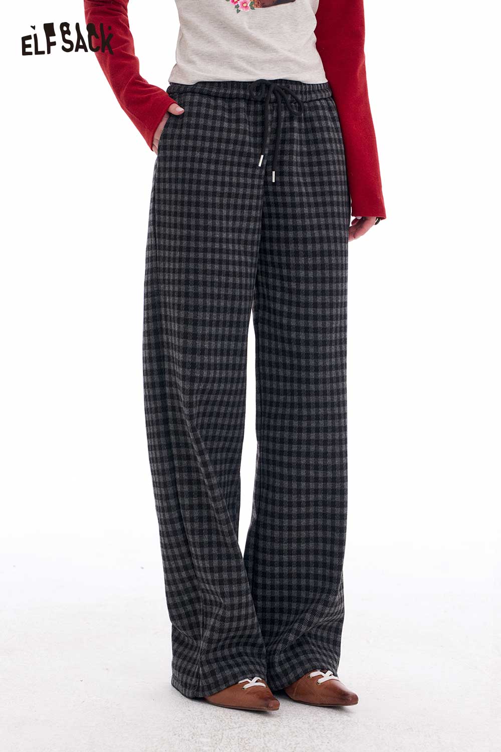 ELFSACK Light Lazy Style Vintage Plaid Fleece Lined Wide Leg Pants
