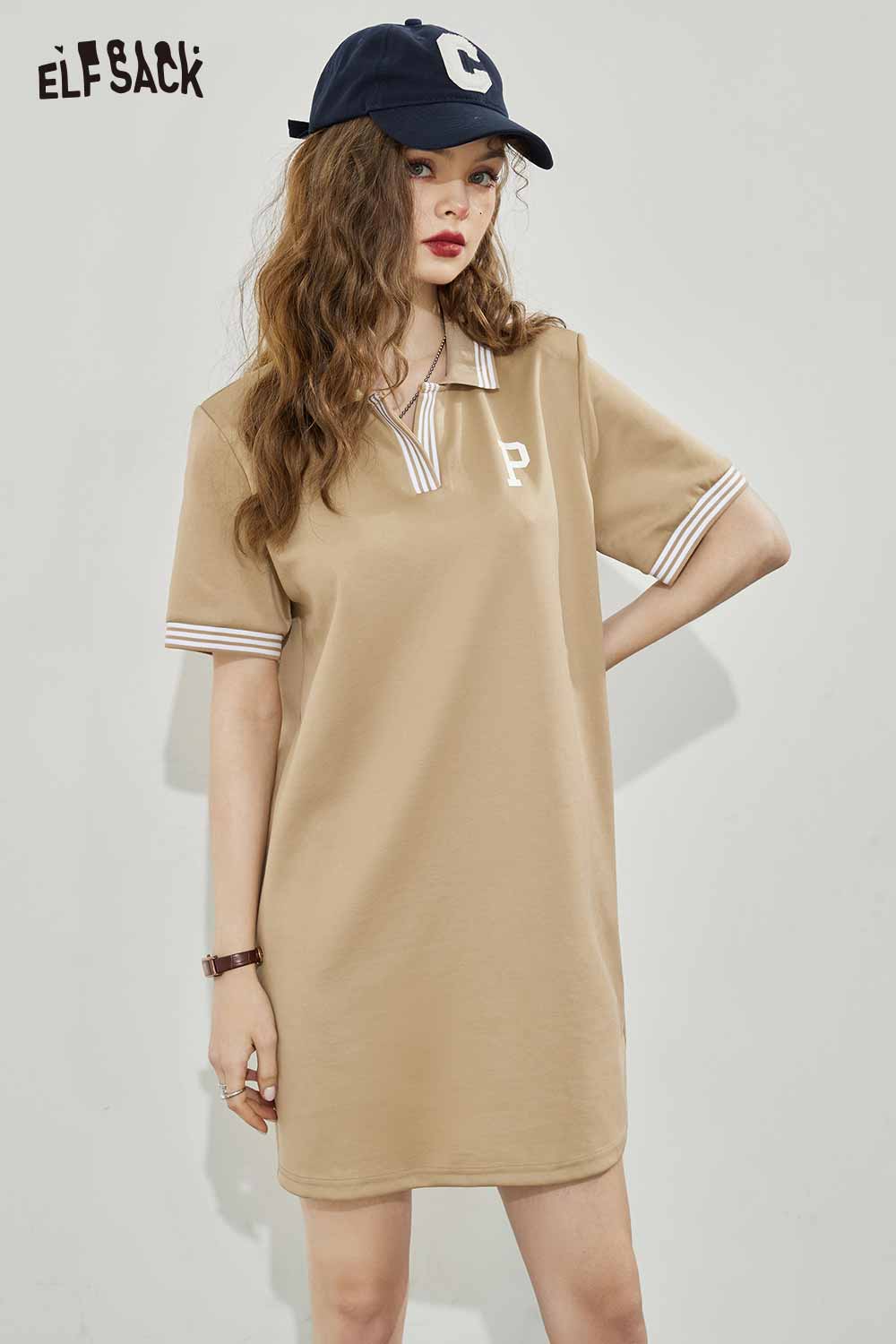 ELFSACK Light Loose Petite Letter Print Stripe Sleeve Solid Polo Collar Dress Tshirt Dress