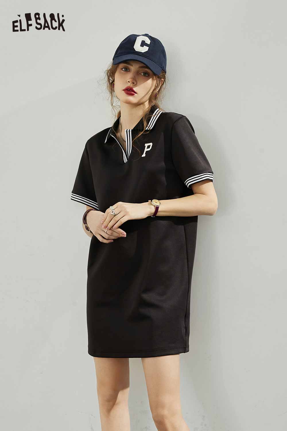 ELFSACK Light Loose Petite Letter Print Stripe Sleeve Solid Polo Collar Dress Tshirt Dress