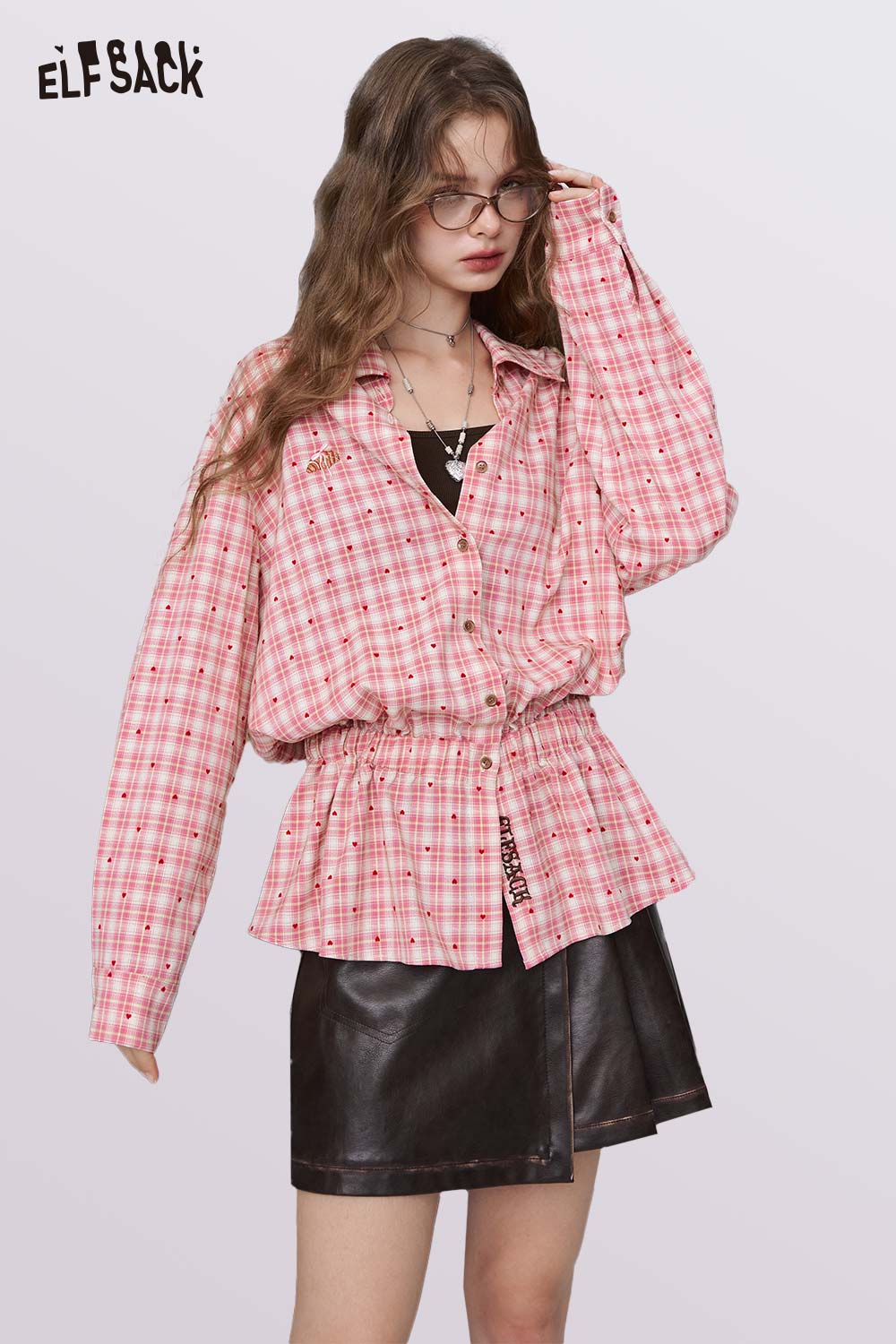 ELFSACK Light Loose Plaid Red Full Sleeve Shirt
