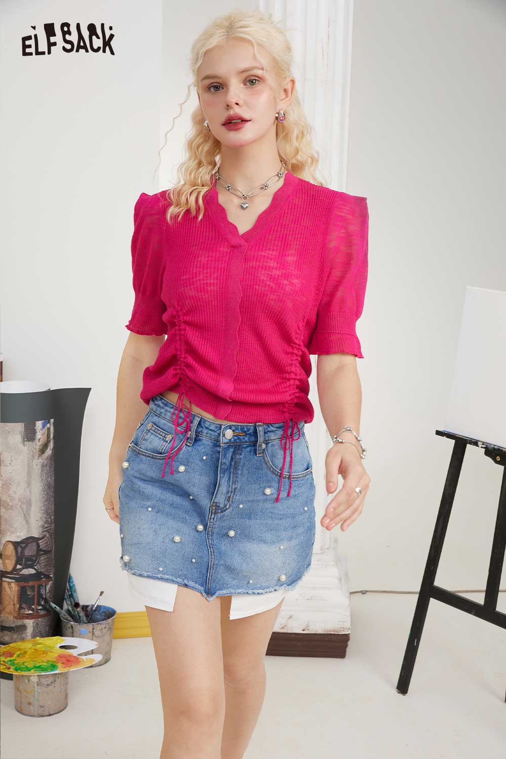 ELFSACK Light Pitaya Color V Neck Lightweight Knitwear