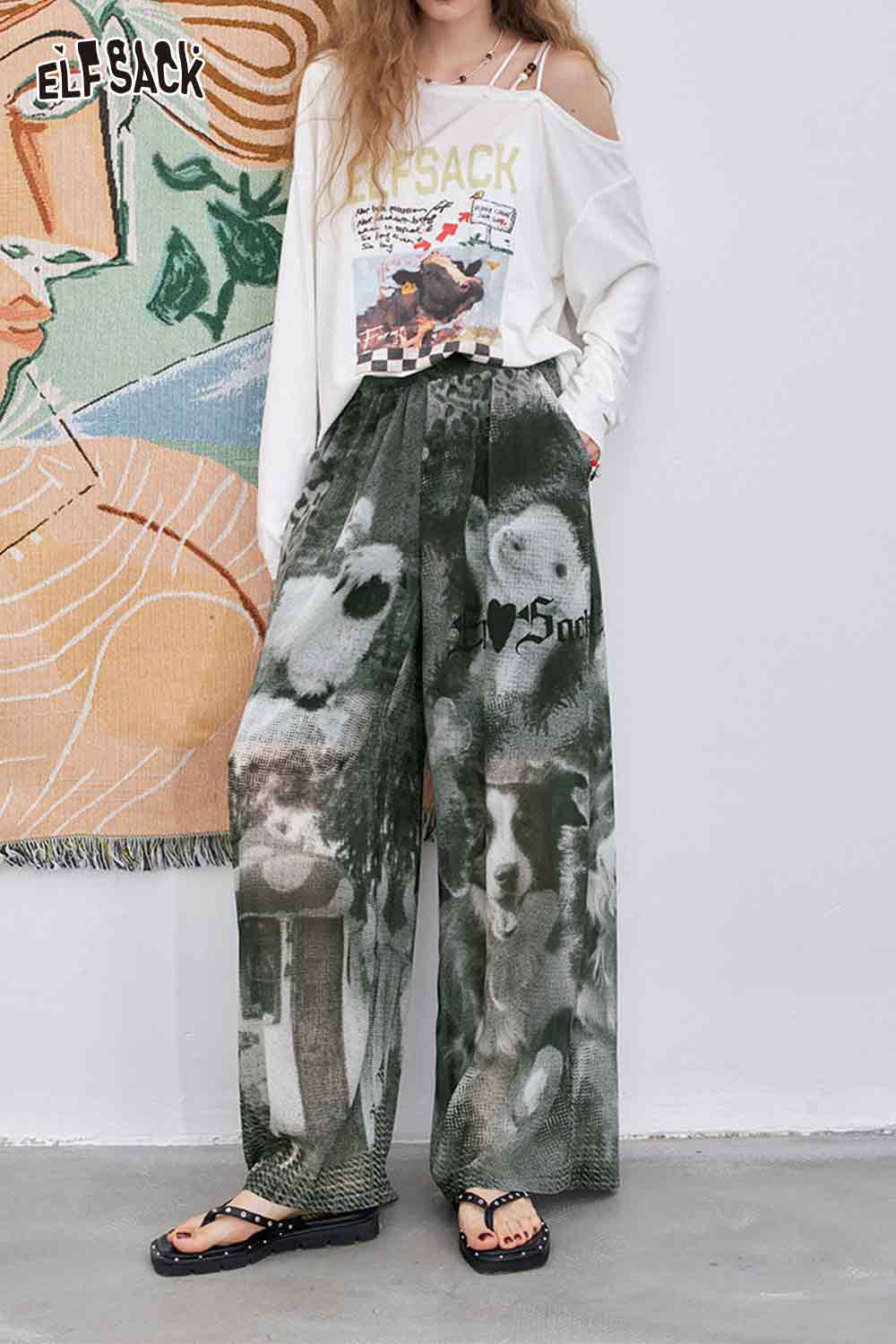 ELFSACK Light Straight Line Loose Cartoon Print Long Pant